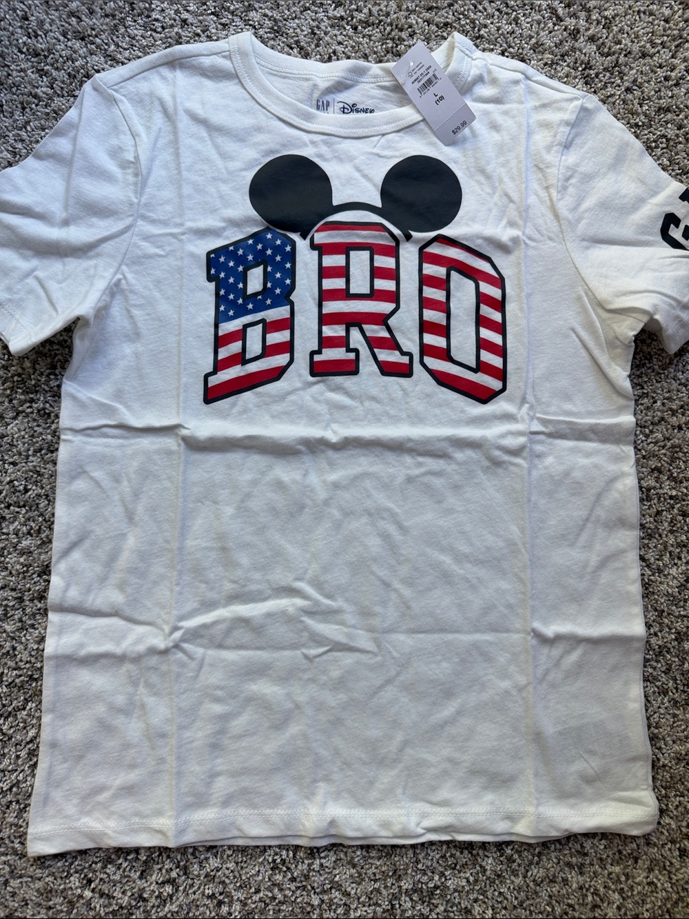 NWT Disney Gap boys White Tee with Patriotic 'BRO' and Mickey Ears size large